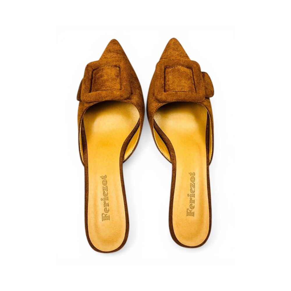 Fericzot Brown Faux Suede Pointed Toe Mule Heels Buckle Kitten Heel 7 NIB